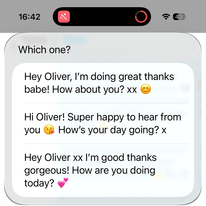 The reply picker over a chat: three suggested replies in the creator's voice, ready to tap and paste.